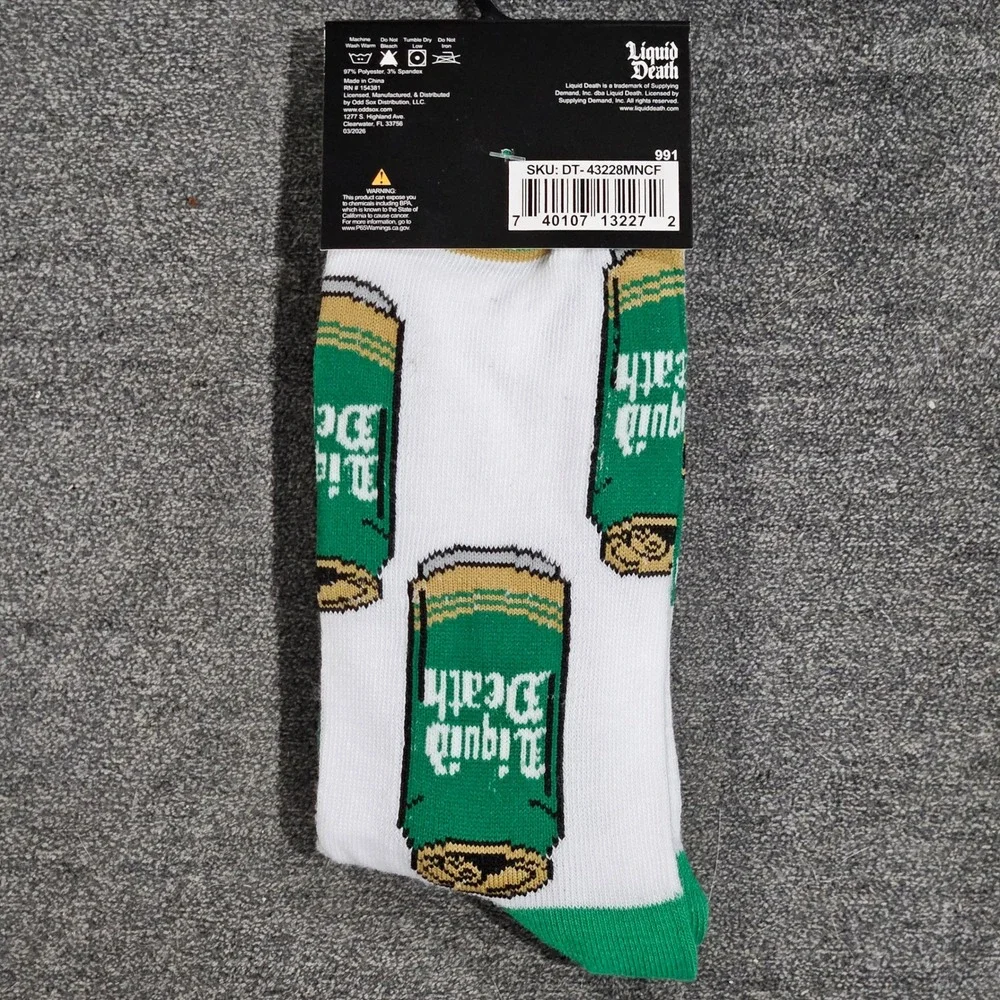 Liquid Death Mens Crew Socks White Green Can Graphic Print Shoe Size 6-12 NEW